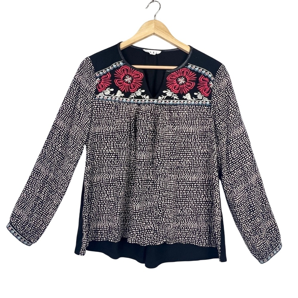 ANTHROPOLOGIE THML L Shirt Black Embroidered Split Neck Dotted Women's Blouse